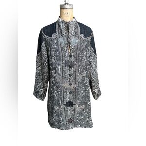 Anu 100% Wool Tapestry Jacket Elegant Black and Gray Mixed Pattern Size L Boho